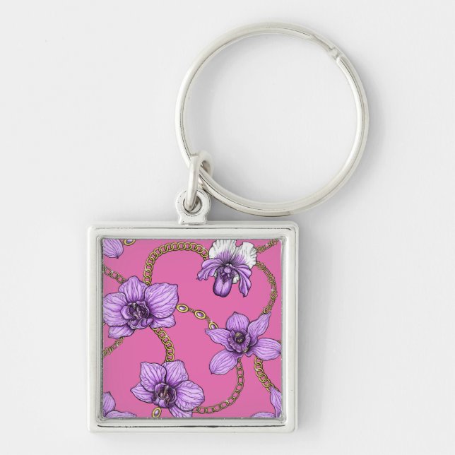 Orchids and chains, violet and pink key ring (Front)