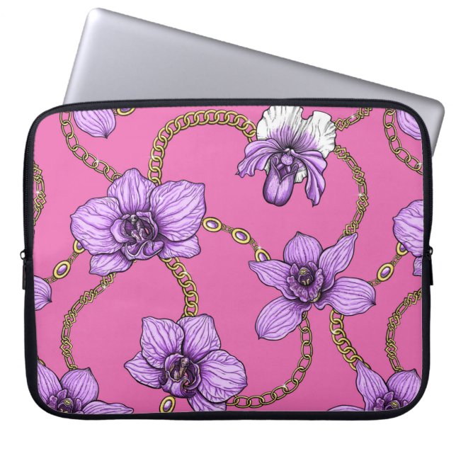 Orchids and chains, violet and pink laptop sleeve (Front)