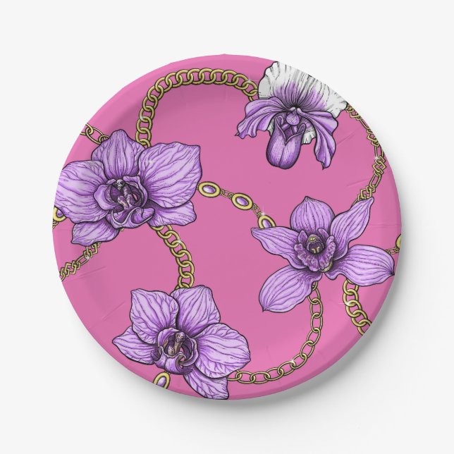Orchids and chains, violet and pink paper plate (Front)