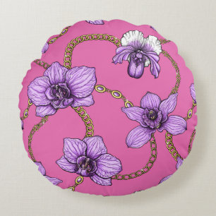 Orchids and chains, violet and pink round cushion