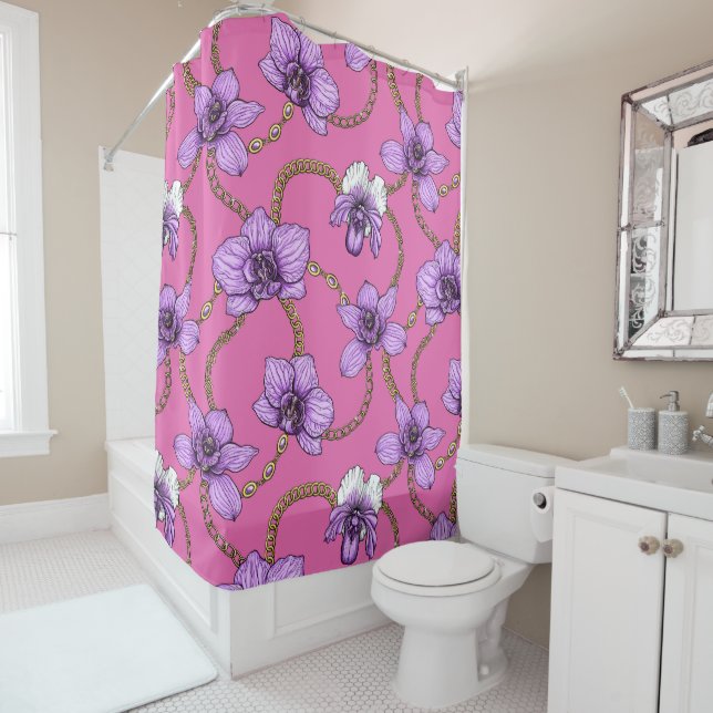 Orchids and chains, violet and pink shower curtain (In Situ)