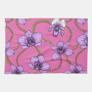 Orchids and chains, violet and pink tea towel