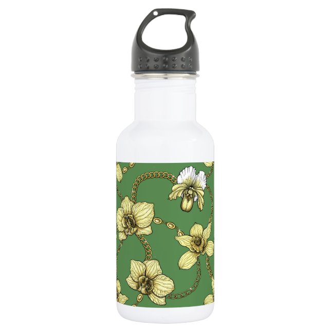 Orchids and chains, yellow and kelly green 532 ml water bottle (Front)