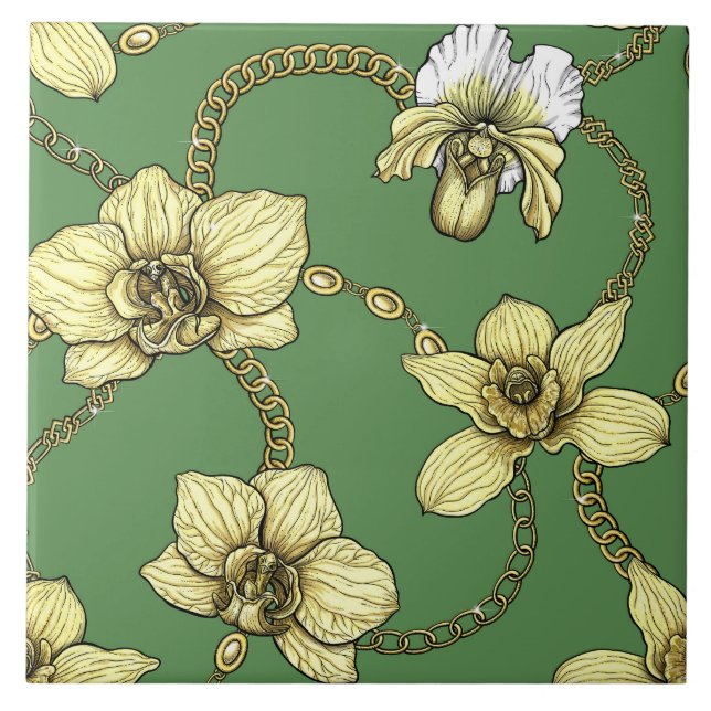 Orchids and chains, yellow and kelly green ceramic tile (Front)