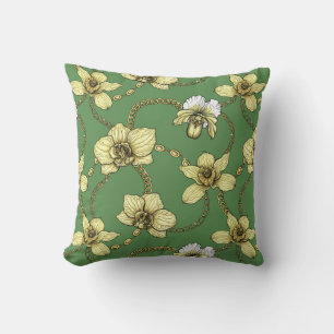 Orchids and chains, yellow and kelly green cushion