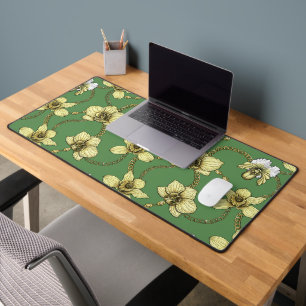 Orchids and chains, yellow and kelly green desk mat