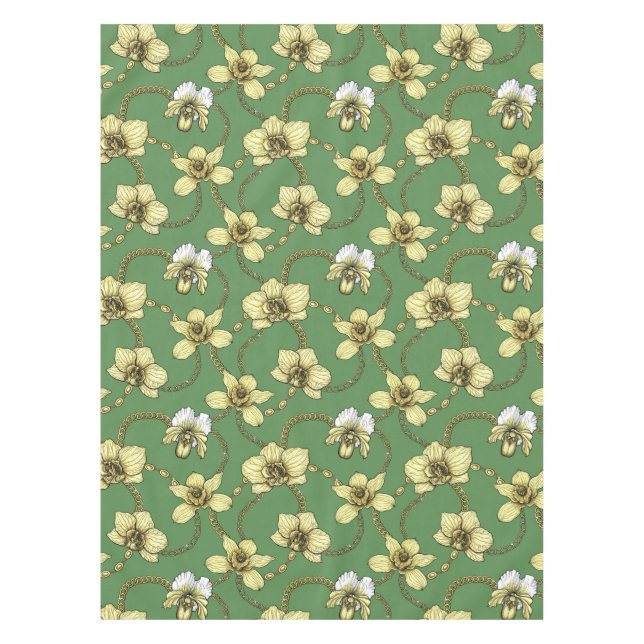 Orchids and chains, yellow and kelly green tablecloth (Front)