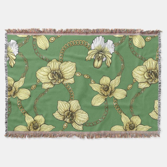 Orchids and chains, yellow and kelly green throw blanket (Front)