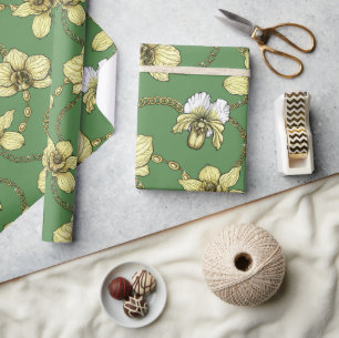 Orchids and chains, yellow and kelly green wrapping paper