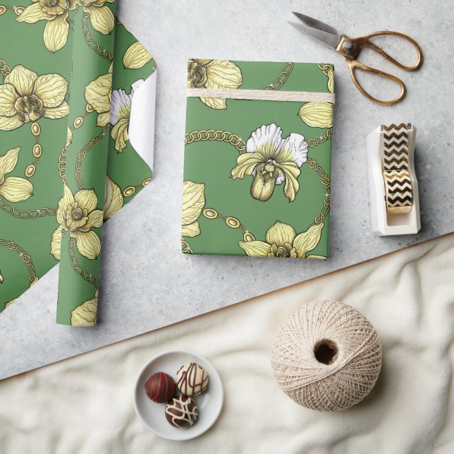 Orchids and chains, yellow and kelly green wrapping paper (Crafts)