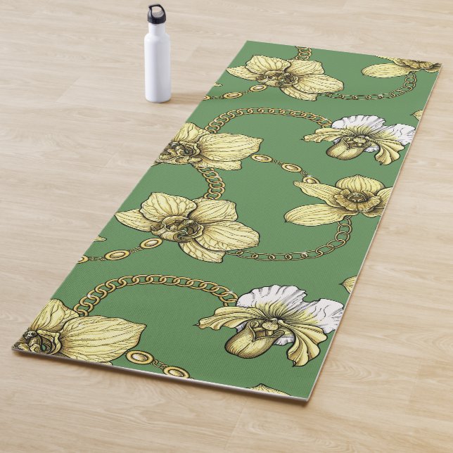 Orchids and chains, yellow and kelly green yoga mat (In Situ)