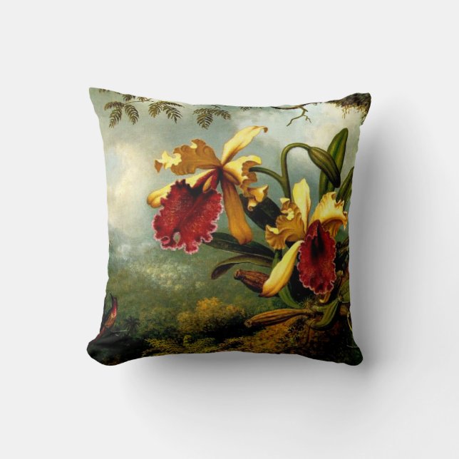 Orchids and Hummingbird, botanical art Cushion (Front)