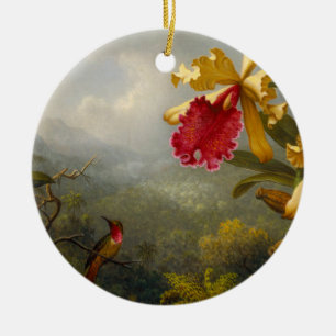 Orchids and Hummingbird Heade Ceramic Ornament