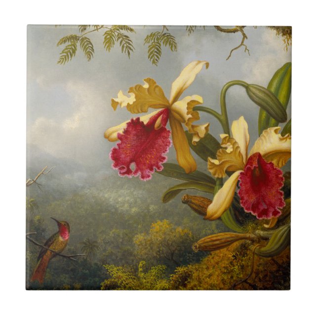 Orchids and Hummingbird Heade Ceramic Tile (Front)