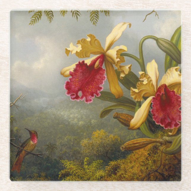 Orchids and Hummingbird Heade Glass Coaster (Front)