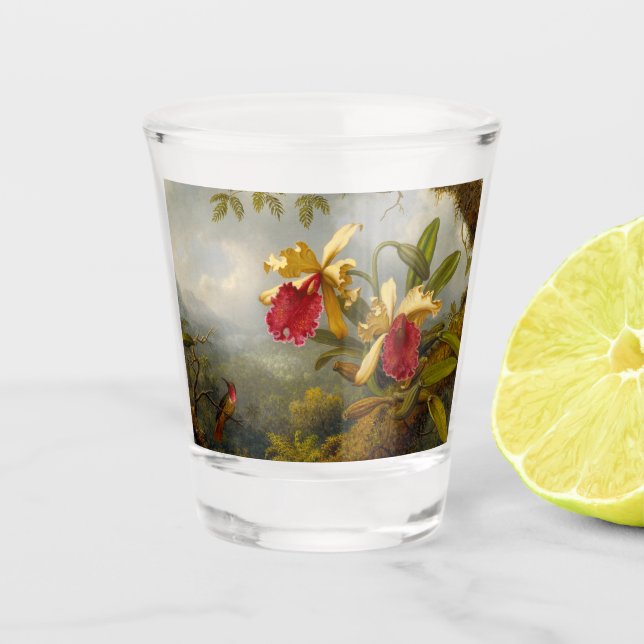 Orchids and Hummingbird Heade Shot Glass (Front)