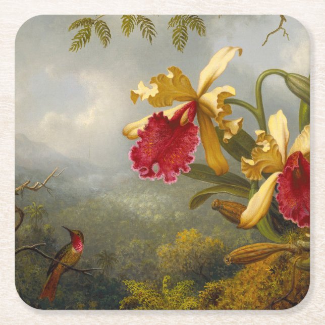 Orchids and Hummingbird Heade Square Paper Coaster (Front)