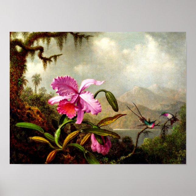 Orchids and Hummingbirds near a Mountain Lake Poster (Front)