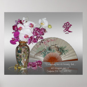 Orchids and Oriental painted fan, Confucius quote Poster