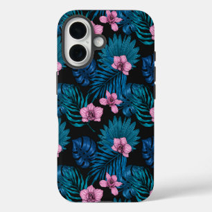 Orchids and palm leaves, pink and blue on black iPhone 16 case