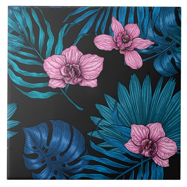 Orchids and palm leaves, pink and blue on black ceramic tile (Front)