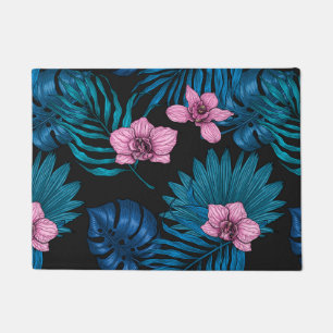 Orchids and palm leaves, pink and blue on black doormat