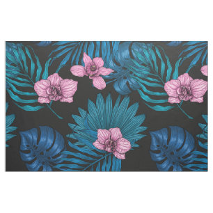 Orchids and palm leaves, pink and blue on black fabric
