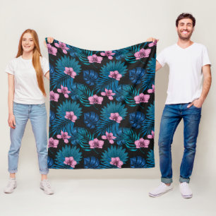 Orchids and palm leaves, pink and blue on black fleece blanket