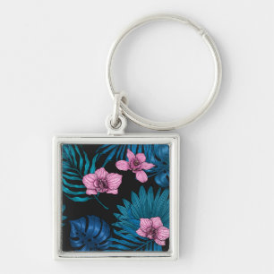 Orchids and palm leaves, pink and blue on black key ring