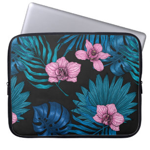 Orchids and palm leaves, pink and blue on black laptop sleeve