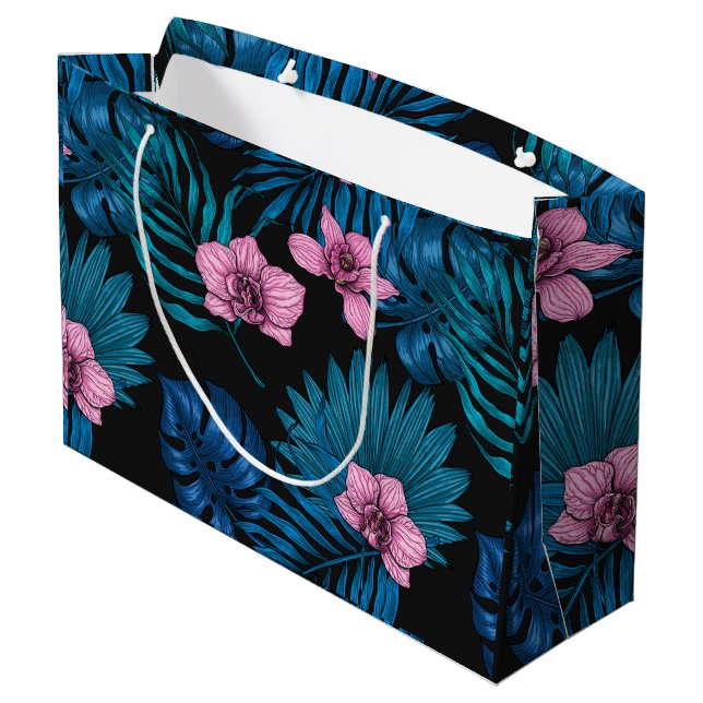 Orchids and palm leaves, pink and blue on black large gift bag (Back Angled)