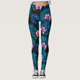 Orchids and palm leaves, pink and blue on black leggings
