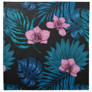 Orchids and palm leaves, pink and blue on black napkin