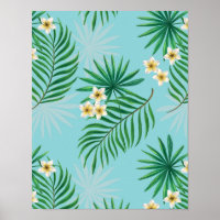 Orchids and palm leaves, pink and blue on black