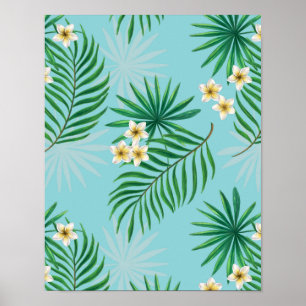 Orchids and palm leaves, pink and blue on black poster