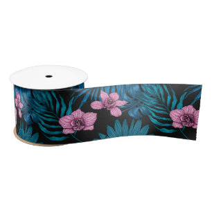 Orchids and palm leaves, pink and blue on black satin ribbon