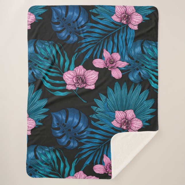 Orchids and palm leaves, pink and blue on black sherpa blanket (Front)
