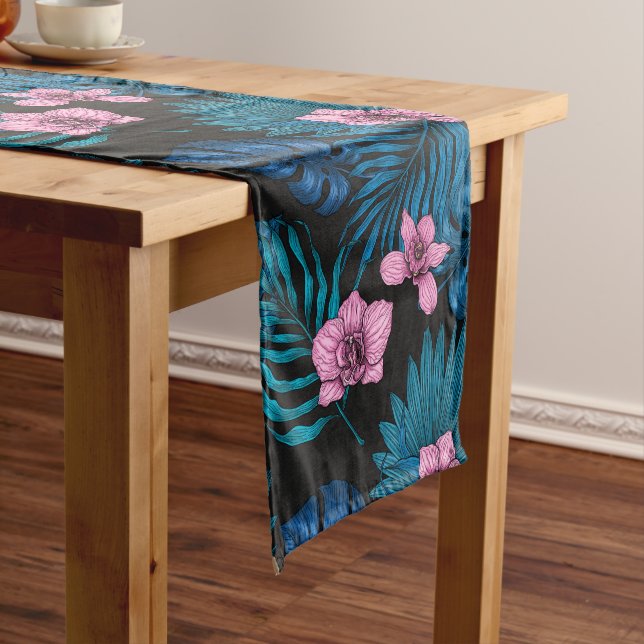 Orchids and palm leaves, pink and blue on black short table runner (In Situ)