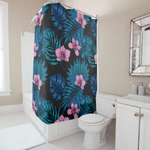 Orchids and palm leaves, pink and blue on black shower curtain