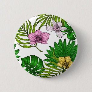 Orchids and palm leaves, pink, yellow, green and w 6 cm round badge