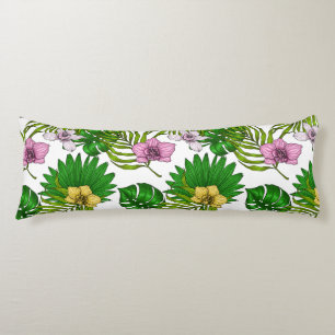 Orchids and palm leaves, pink, yellow, green and w body cushion