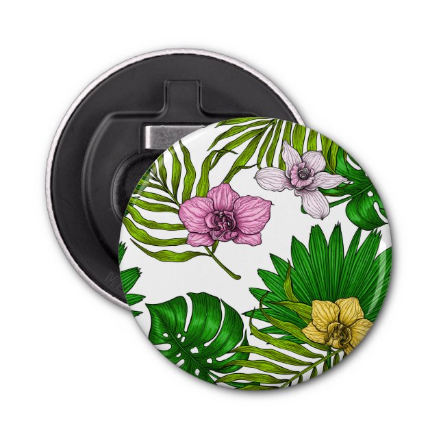 Orchids and palm leaves, pink, yellow, green and w bottle opener (Front)