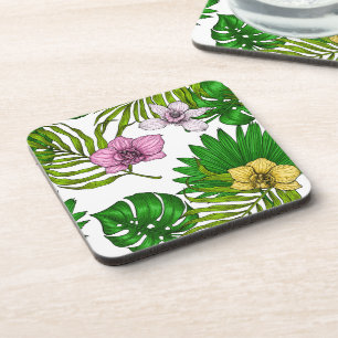Orchids and palm leaves, pink, yellow, green and w coaster