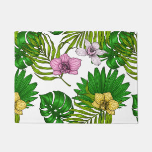 Orchids and palm leaves, pink, yellow, green and w doormat