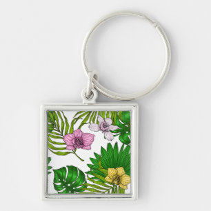 Orchids and palm leaves, pink, yellow, green and w key ring