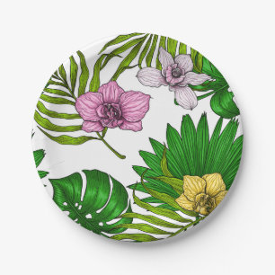 Orchids and palm leaves, pink, yellow, green and w paper plate