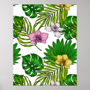 Orchids and palm leaves, pink, yellow, green and w poster