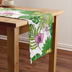 Orchids and palm leaves, pink, yellow, green and w short table runner