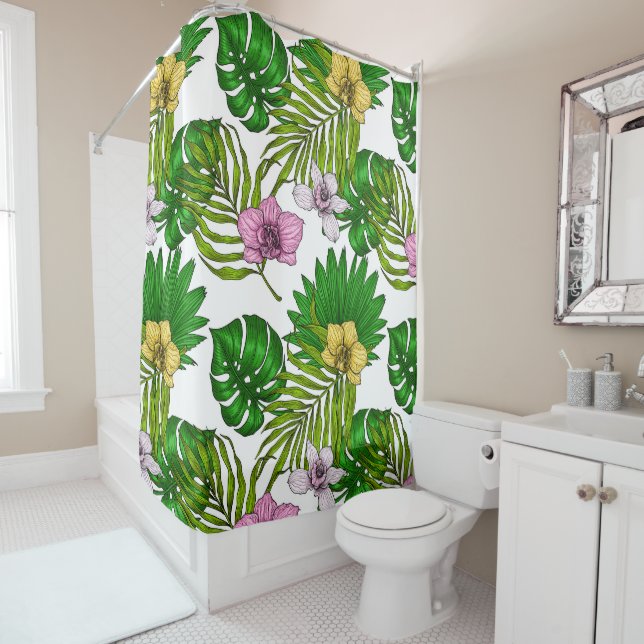 Orchids and palm leaves, pink, yellow, green and w shower curtain (In Situ)