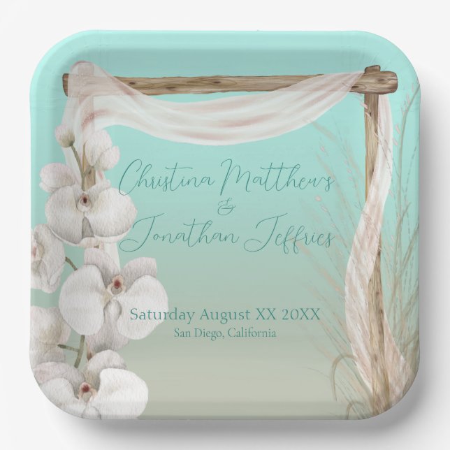 Orchids & Boho Arch on the Beach Wedding Paper Plate (Front)